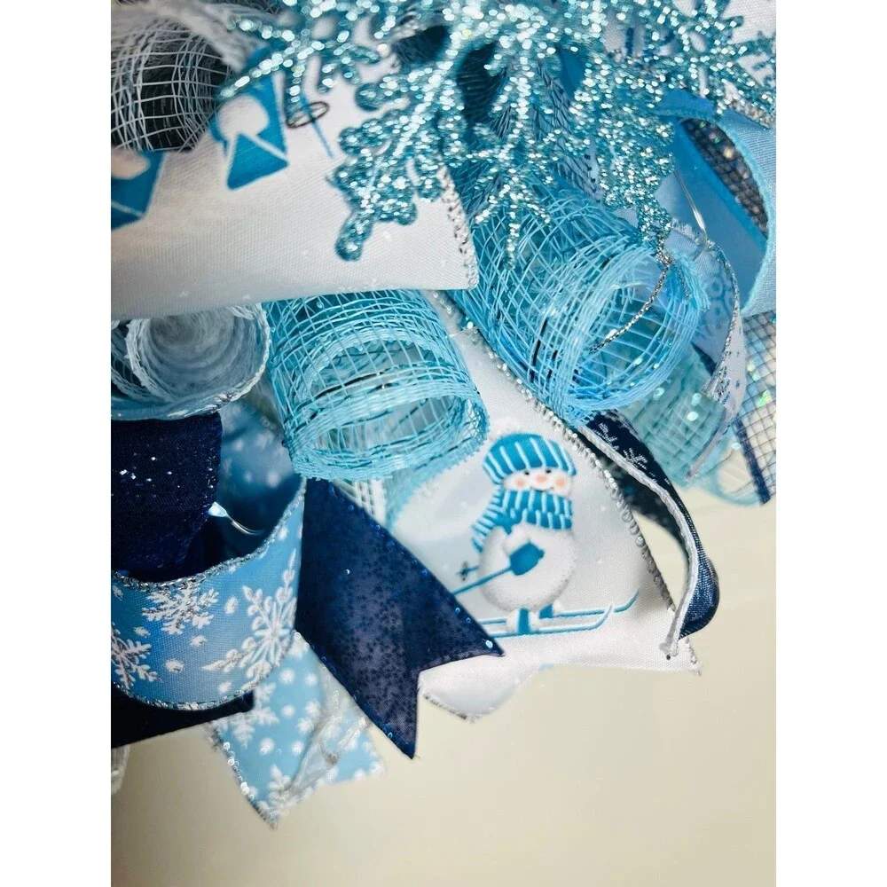 XL Handmade Christmas Holiday Skiing Snowman Ribbon Prelit Wreath 26 ins LED